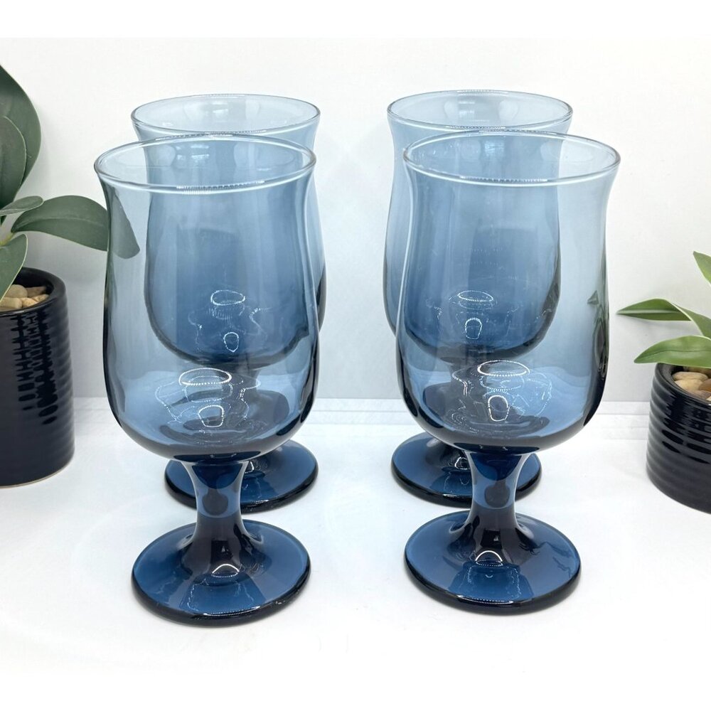 Vintage Set of 4 Libbey Dusky Blue Water Glasses Stemware Goblets Tulip Shaped - Picture 12 of 12